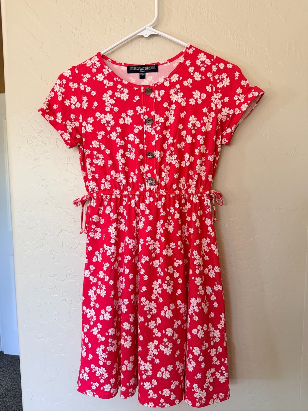 Three Pink Hearts Red Floral Button-Front Dress
